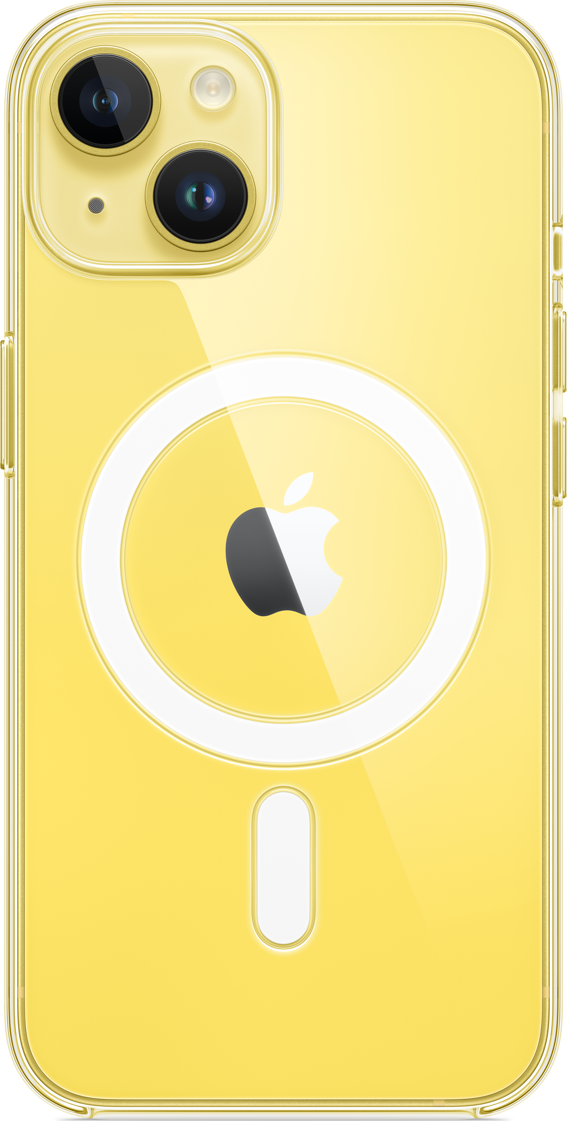 Gelbes iPhone 14 mit klarer MagSafe-Hülle. Apple-Logo sichtbar.
