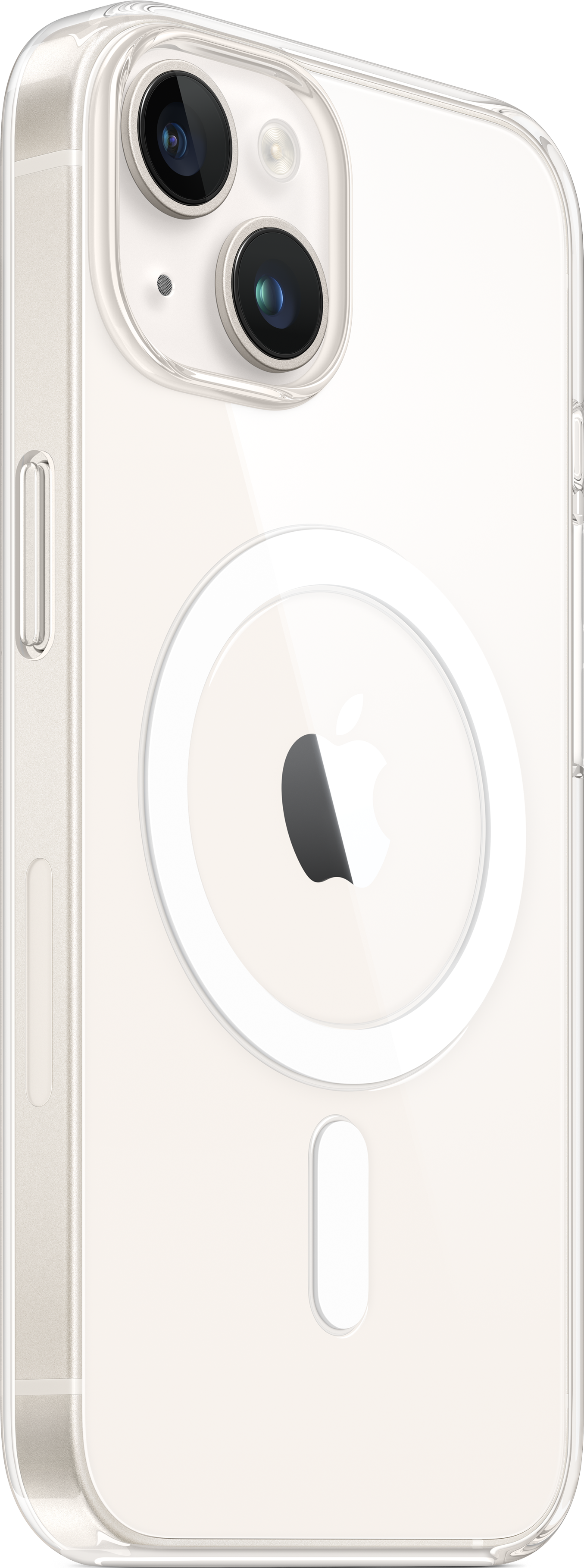 iPhone 14 mit einer transparenten Hülle. Rückseite mit Apple-Logo.
