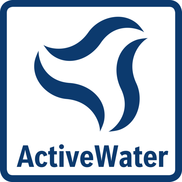 ActiveWater logosu: mavi bir kare içinde mavi dönen tasarım.
