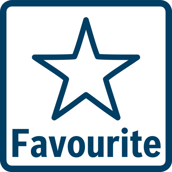 Beyaz bir yıldız ve altında 'Favourite' kelimesi bulunan mavi bir kare.