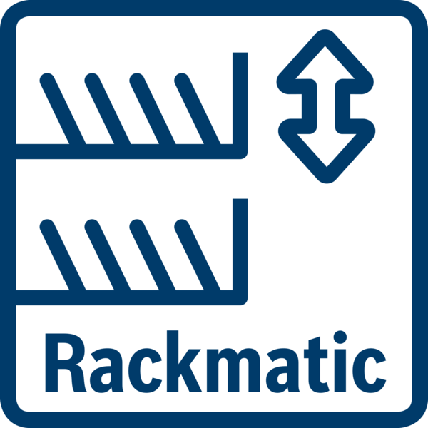 Mavi çerçeveli kare simge, bir raf sistemi ve Rackmatic için bir ok gösteriyor.