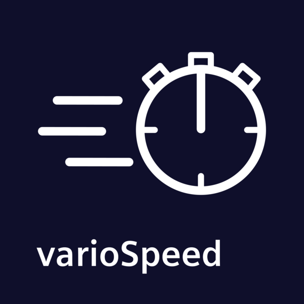 Kronometre ve hız çizgileri içeren logo, altındaki metin 'varioSpeed' diyor.