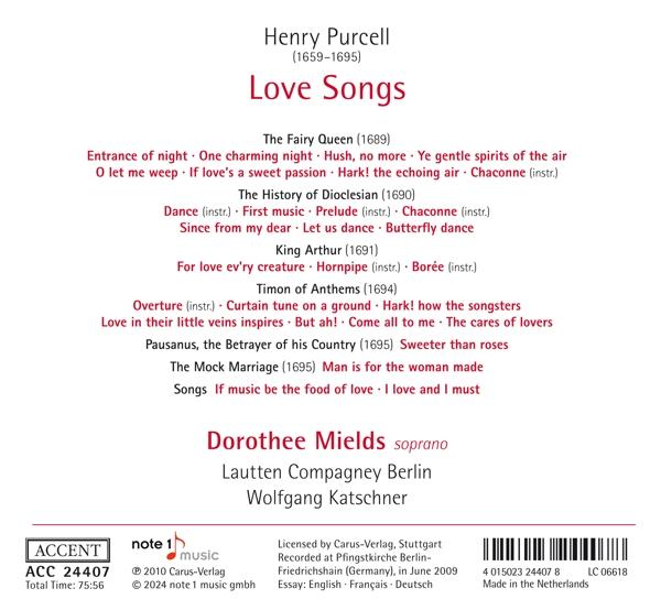 Rückseite einer Henry Purcell CD, mit Titelliste, Credits und Logos.