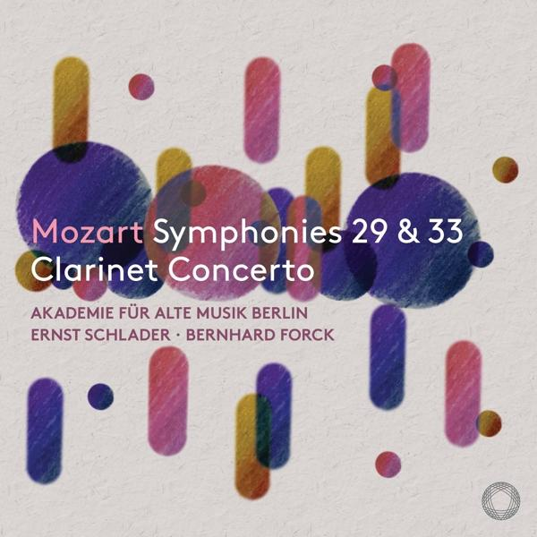 Albumcover: Mozart Symphonien 29 & 33. Bunte Punkte und Linien im Hintergrund.