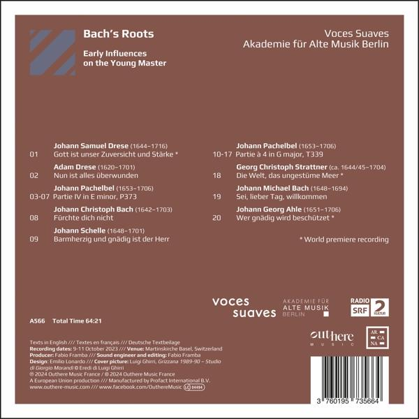 Buchcover für 'Bach's Roots' mit Text und Logo für Voces Suaves.