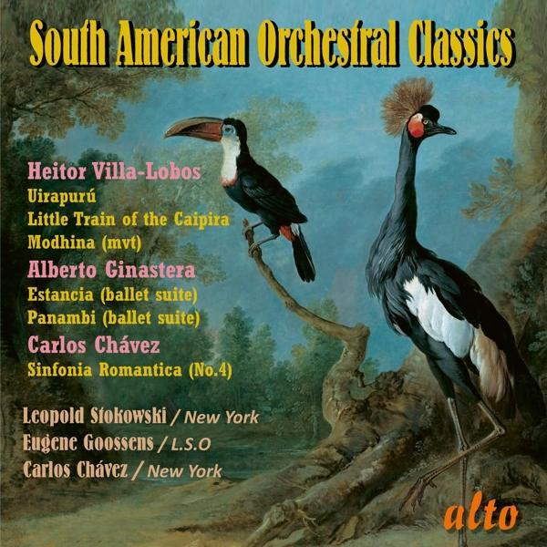 Albumcover: South American Orchestral Classics mit Tukane und einem Kranich.