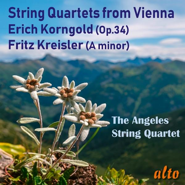 Albumcover mit Blumen und Bergen. Text sagt „String Quartets from Vienna“. Album von The Angeles String Quartet.