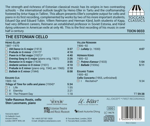 Rückseite einer CD-Hülle mit Text über 'The Estonian Cello' und einer Titelliste.