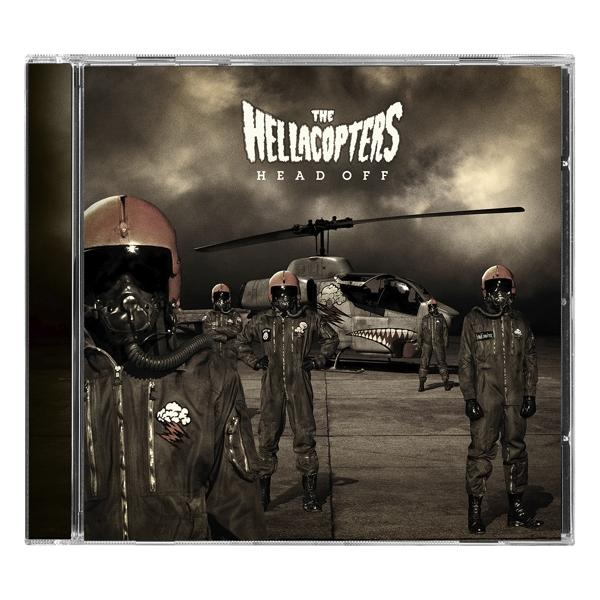 Albumcover einer Band mit einem Hubschrauber und Bandmitgliedern in Fliegeranzügen. Die Band ist „The Hellacopters“.