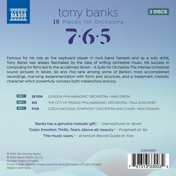 Albumcover für Tony Banks' '7-6-5' mit Text und Naxos-Logo.
