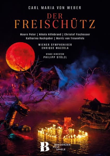 Opernplakat. Eine Bühnenszene mit rotem Mond und einem Drachen im Wasser.