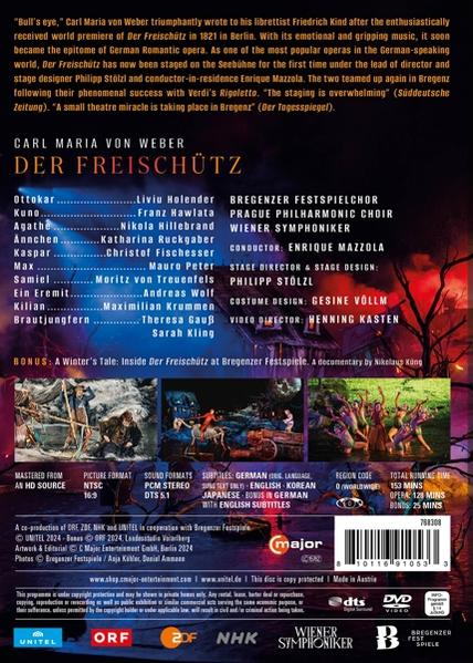 Rückseite einer DVD-Hülle mit Text und Bildern, die sich auf eine Opernaufführung beziehen.