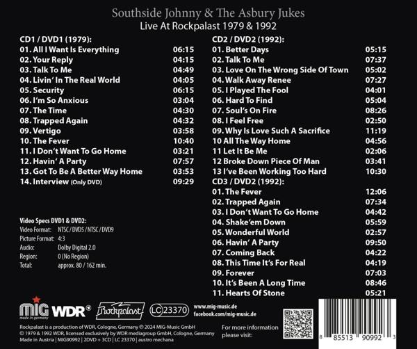 Rückseite eines CD-Covers mit Titelliste für 'Southside Johnny & The Asbury Jukes'.