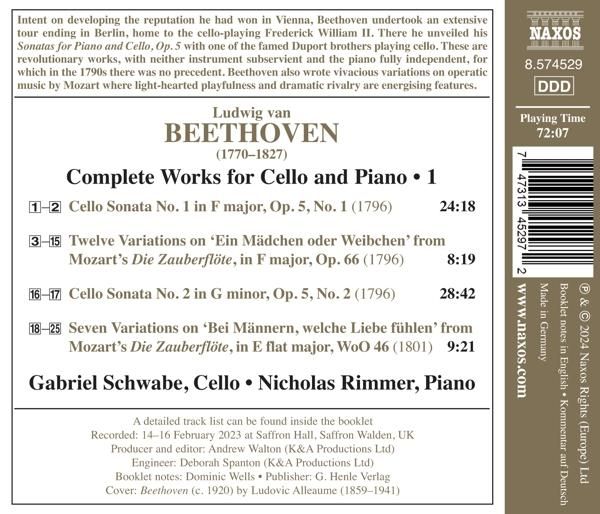 Albumcover von Ludwig van Beethovens Werken für Cello und Klavier, mit Text und Informationen.