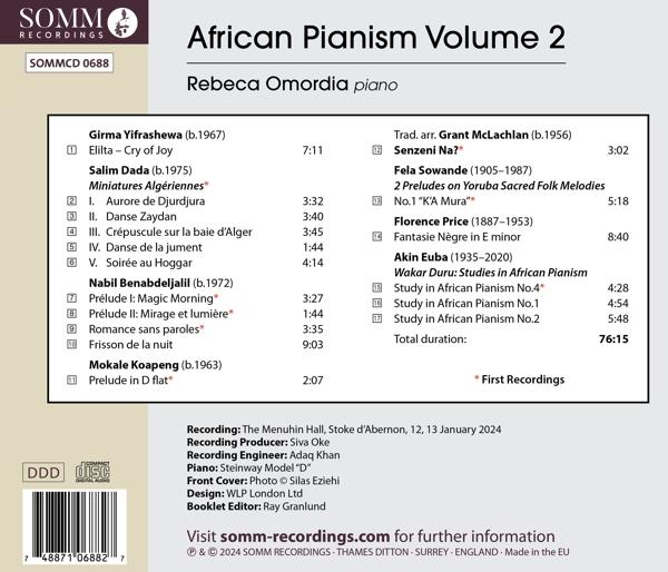 Albumcover mit Text. Es ist African Pianism Volume 2 von Rebeca Omordia.