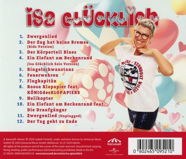 CD-Cover mit lächelnder Frau, Trackliste und Herzen. Text: Isa Glücklich.