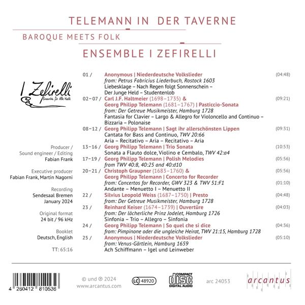 CD-Cover für das Album 'Telemann in der Taverne'. Text und Logo auf weißem Hintergrund.