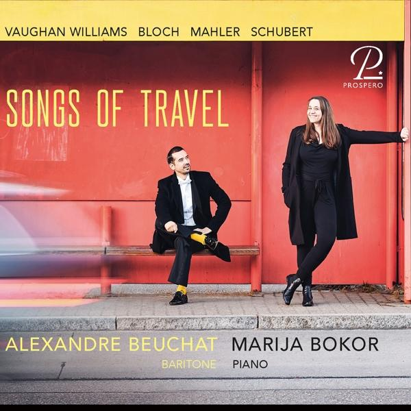 Albumcover: Mann und Frau an roter Bushaltestelle. Text: Songs of Travel, Alexandre Beuchat, Marija Bokor.