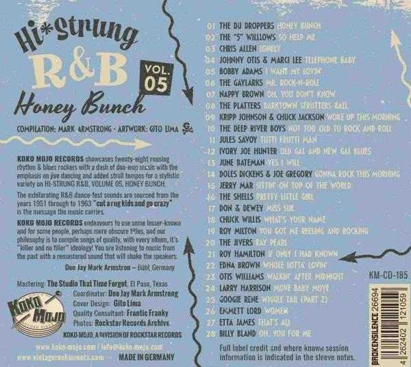 Albumcover mit farbenfrohem Text auf weißem Hintergrund. Enthält eine Titelliste und Künstlerinformationen.