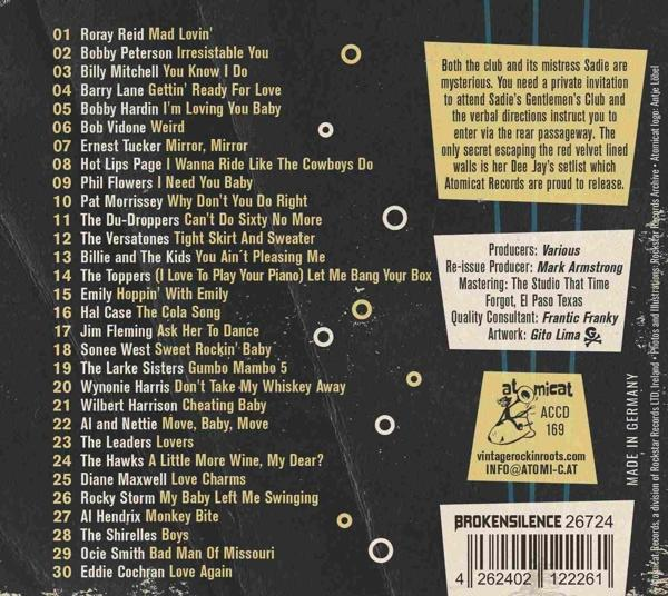CD-Titelliste: 30 Songs aufgelistet, mit Interpreten- und Songtiteln, auf weißem Hintergrund mit Kreisen.