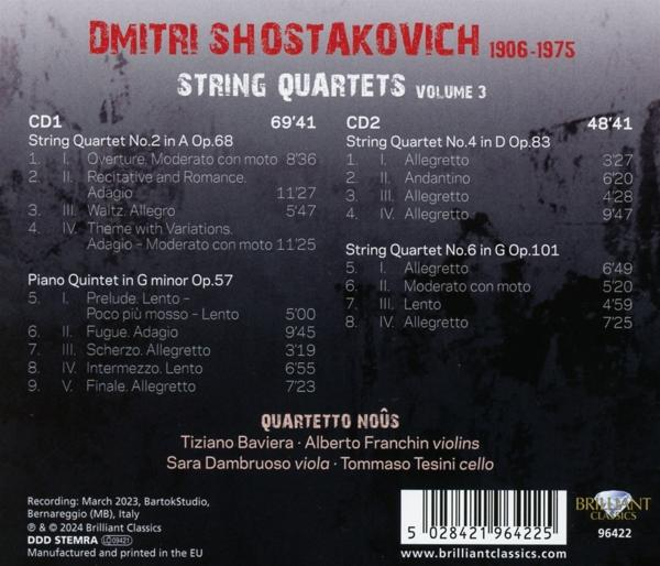 CD-Cover, roter Text 'Dmitri Schostakowitsch'. Schwarzer Hintergrund mit Musikdetails.