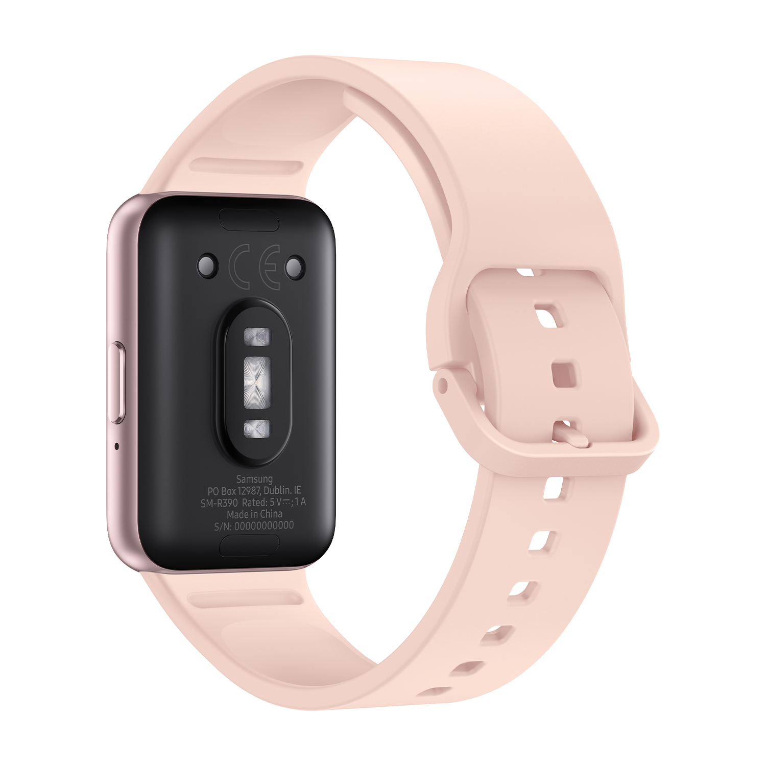 Smartwatch rosa con retro nero, cinturino rosa.