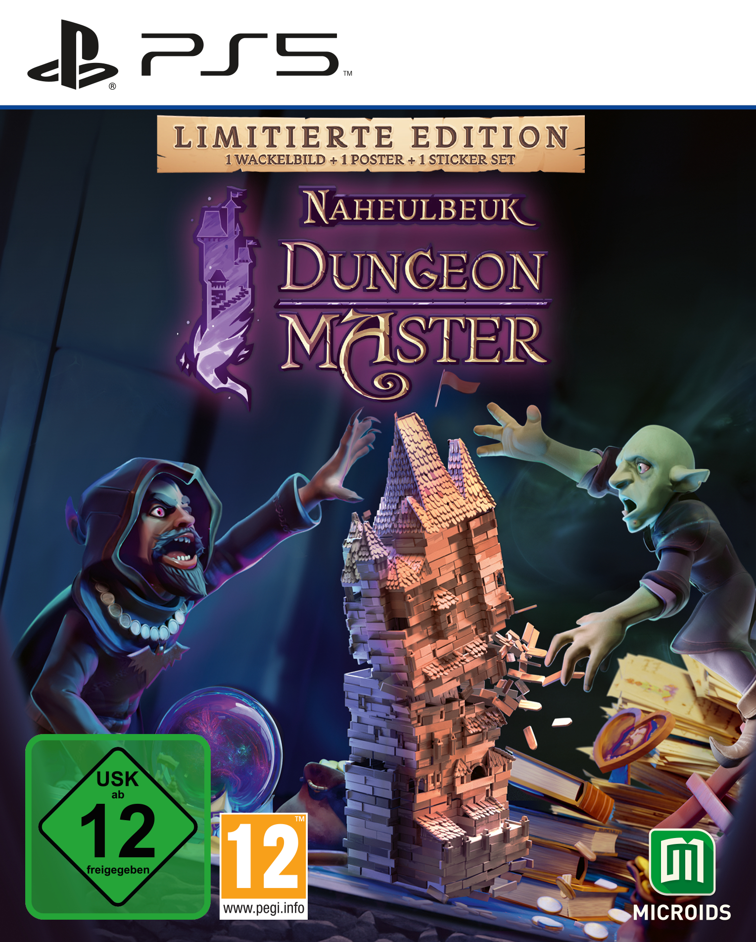 PS5-Spielcover. Dungeon Master-Spiel. Cartoon-Charaktere vorne. Fantasy-Schloss dahinter.