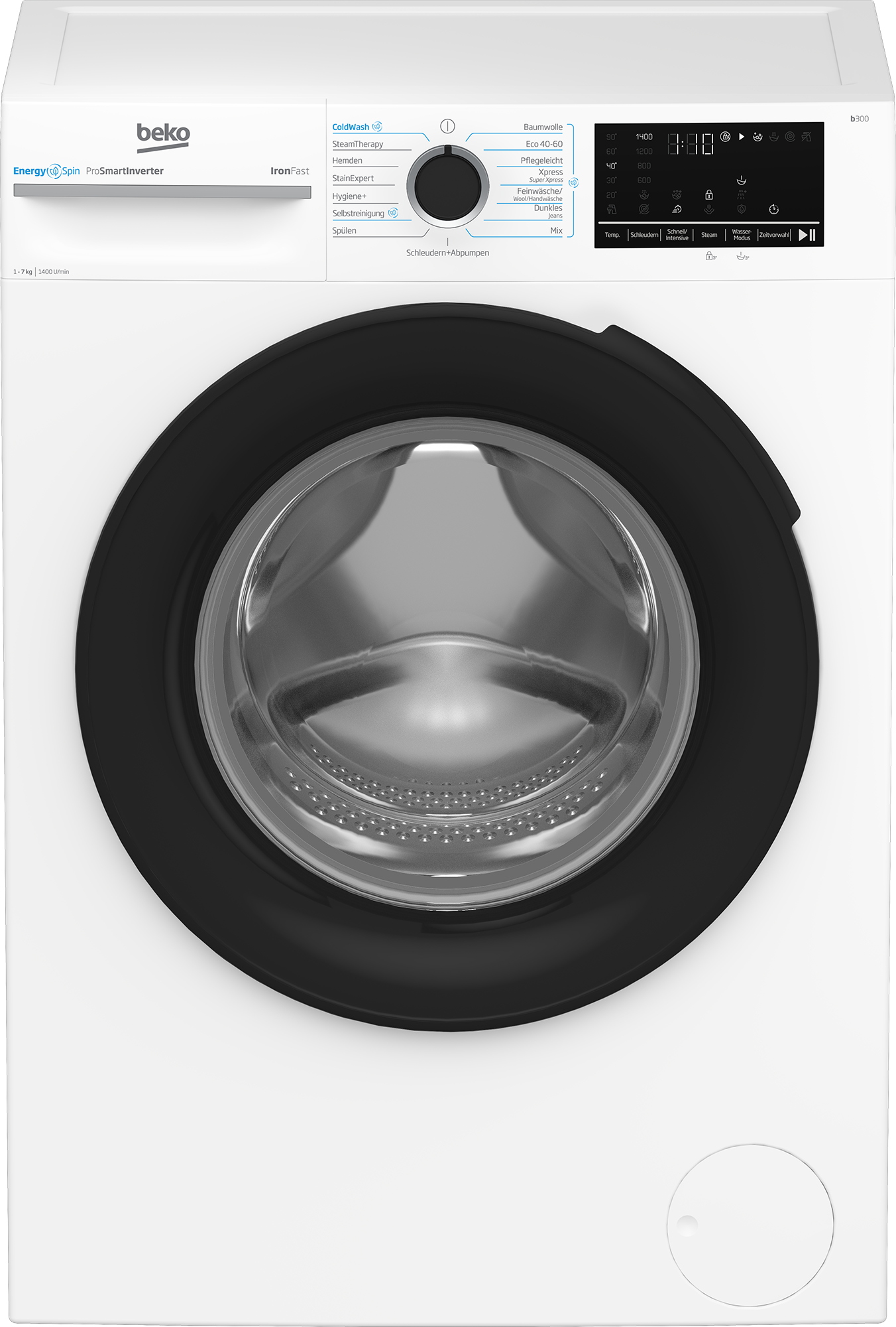 Weiße Waschmaschine mit schwarzer Tür. Knöpfe und ein Display sind auf der Vorderseite sichtbar.