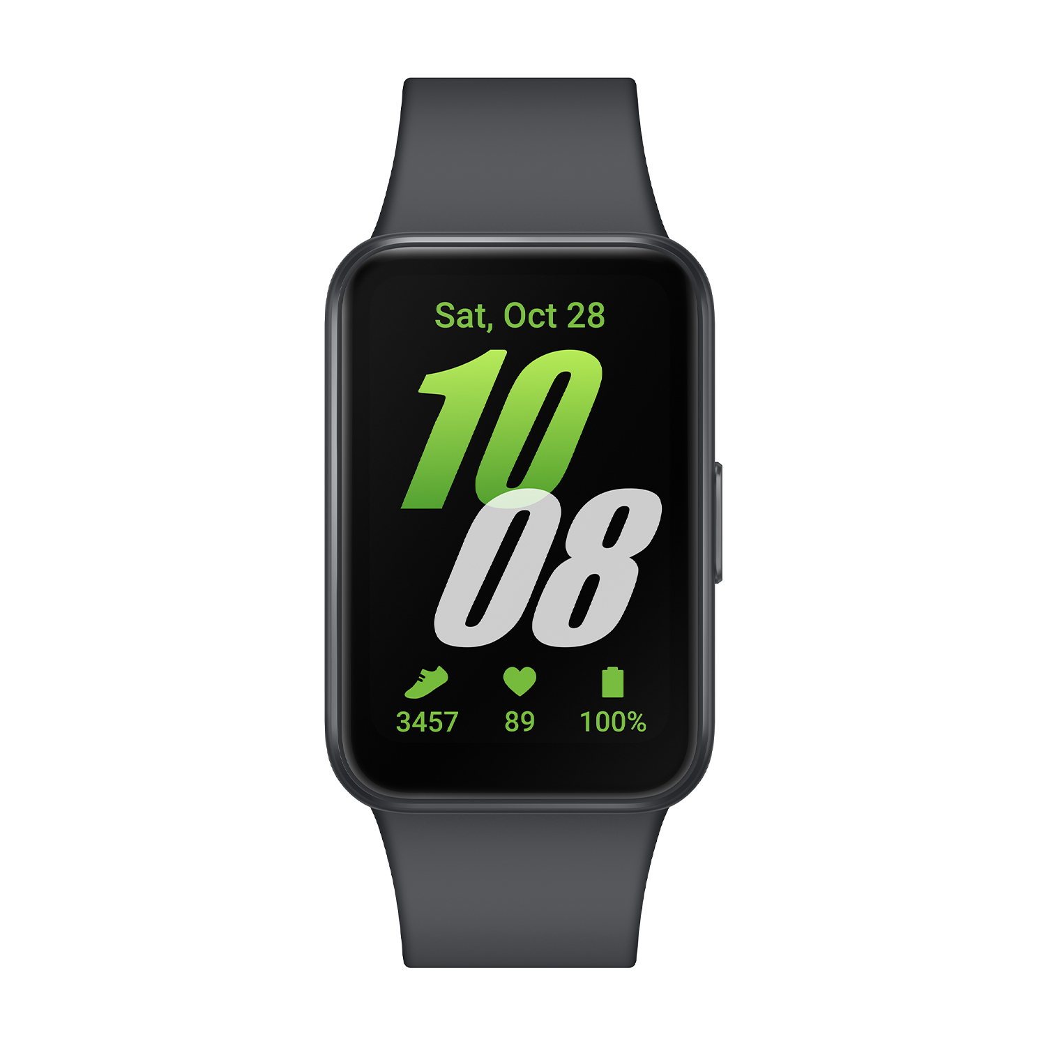 Smartwatch, cinturino nero, schermo mostra ora, data, passi, frequenza cardiaca e percentuale batteria.