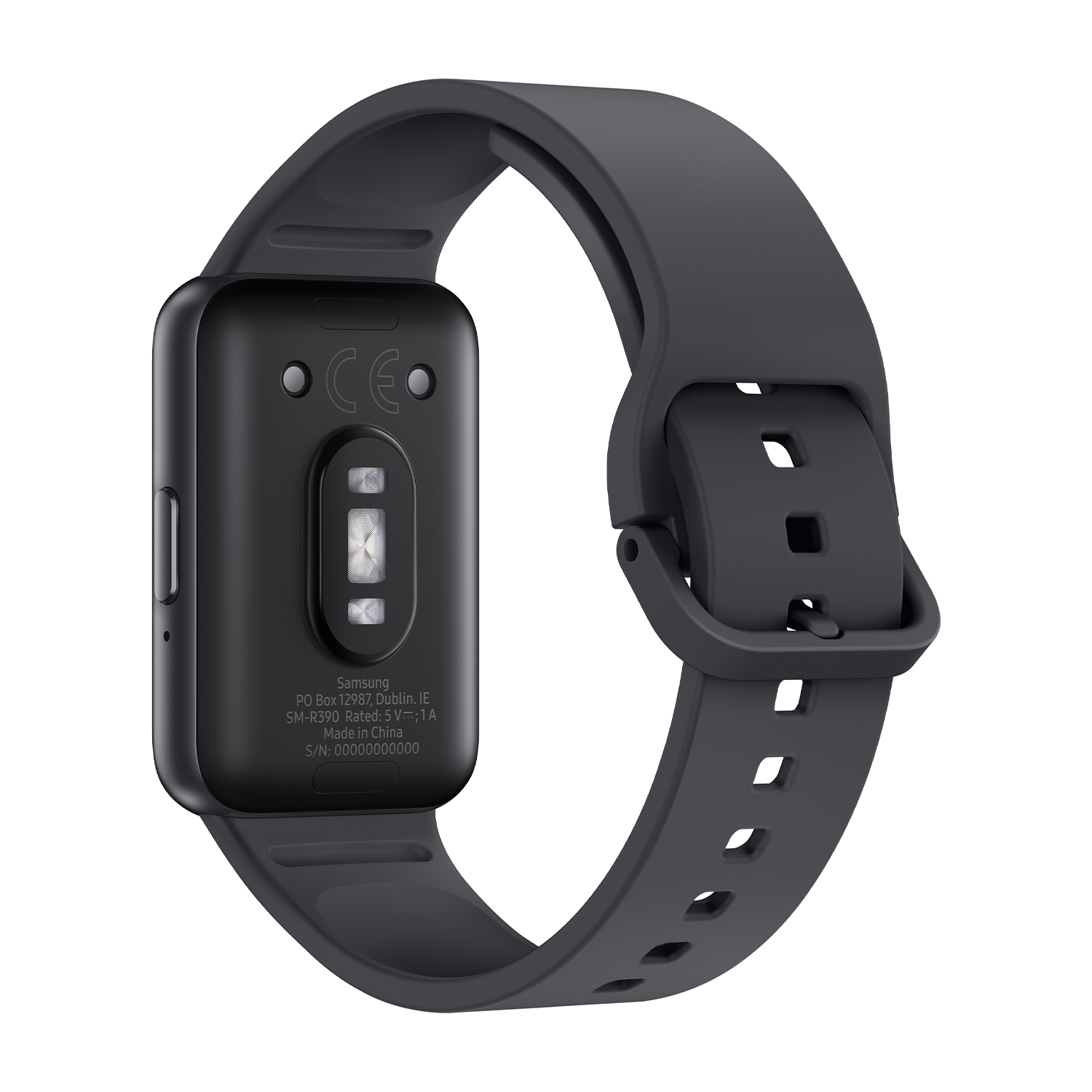 Smartwatch nera, vista posteriore, con cinturino grigio e corpo nero.
