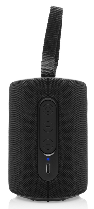 Czarny cylindryczny głośnik Bluetooth z przyciskami i paskiem.