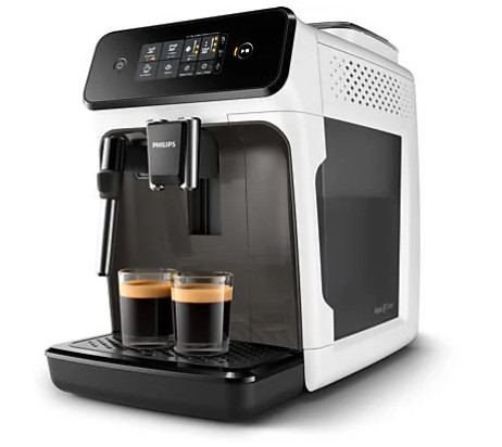 Una cafetera blanca y negra con dos vasos de espresso. Una pantalla digital está en la parte superior.