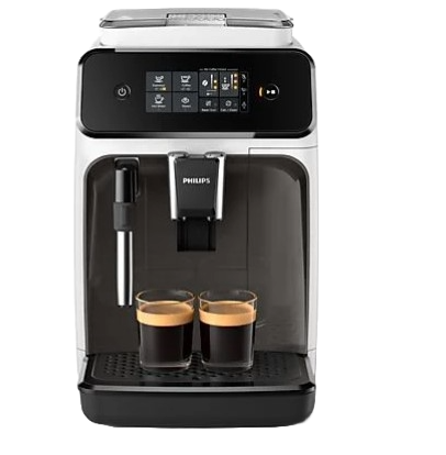 Una cafetera Philips blanca y negra con tazas de café.