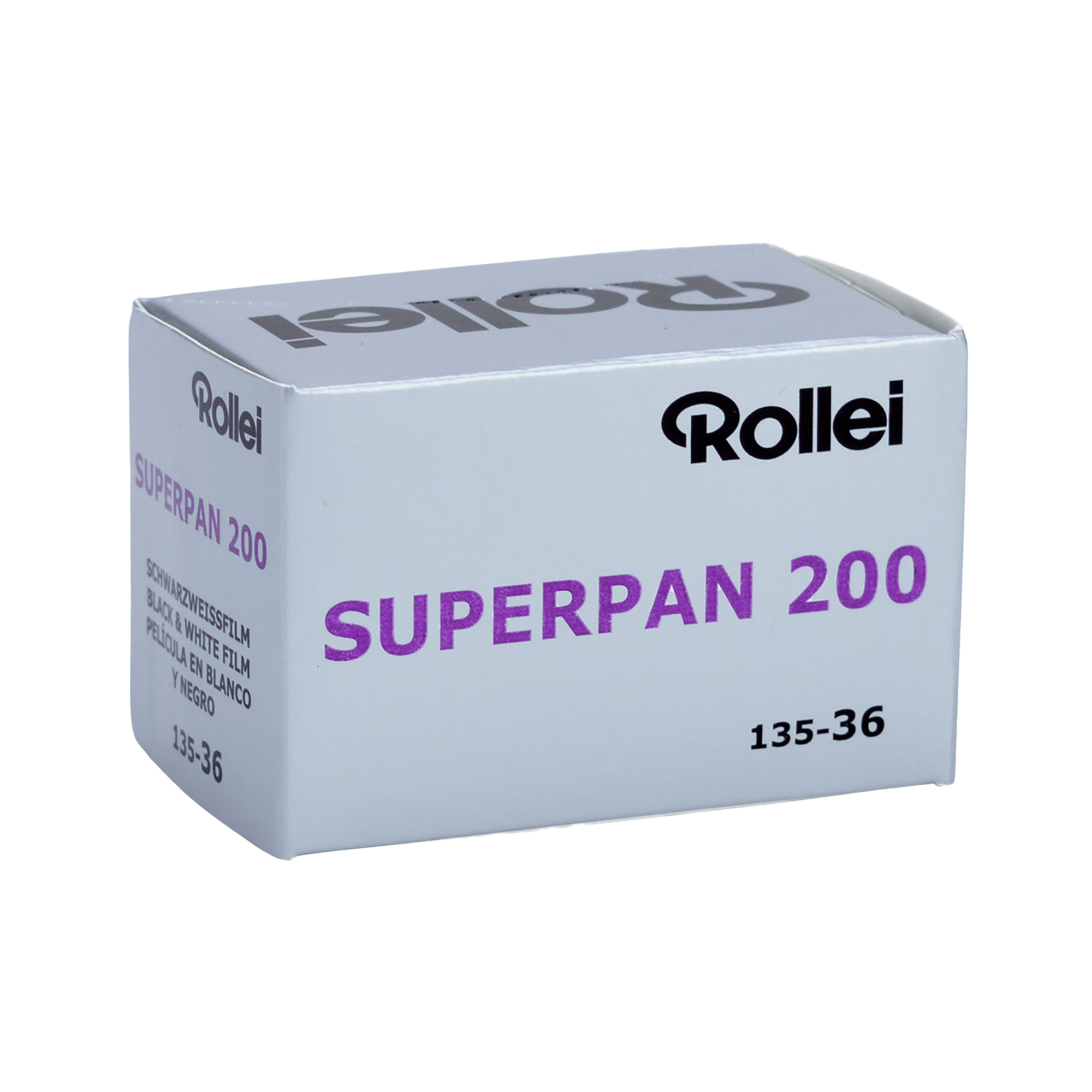 Weiße Filmbox mit 'Rollei SUPERPAN 200' Text in Lila und Schwarz.