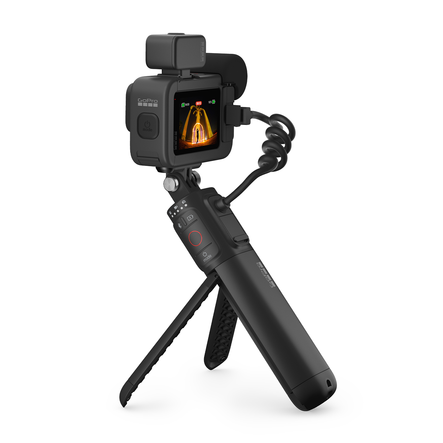 Fotocamera GoPro nera montata su un supporto.