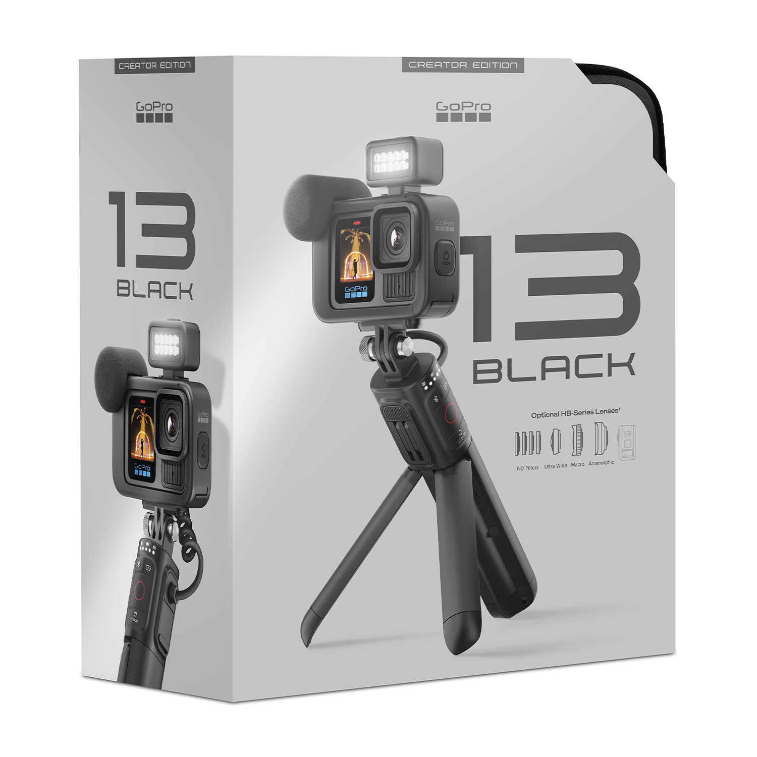 Un kit fotocamera GoPro in una scatola. Mostra la fotocamera, le luci e un treppiede.