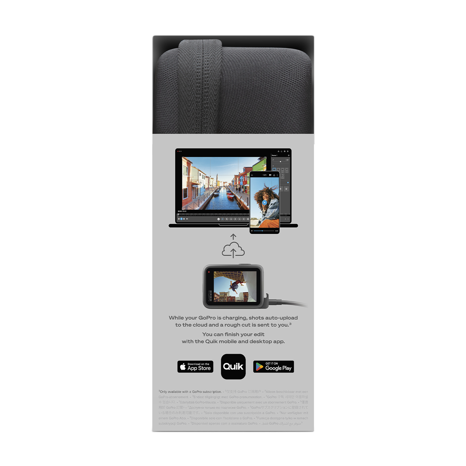 Annuncio del prodotto GoPro con laptop, telefono e fotocamera. Upload su cloud mostrato.