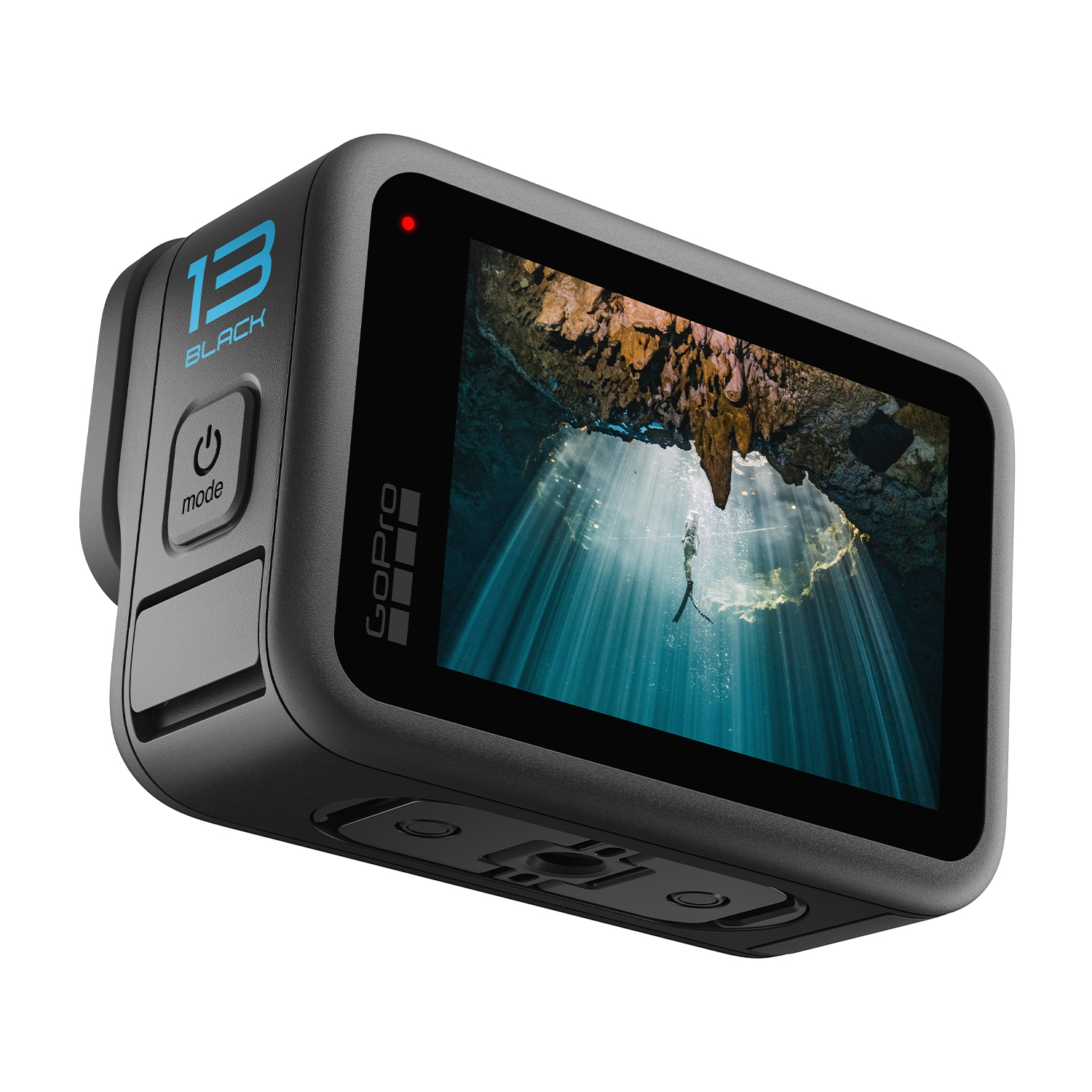 Fotocamera GoPro nera che mostra un subacqueo sott'acqua. Lo schermo è acceso.