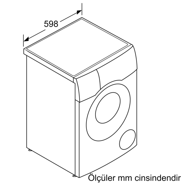 Boyutlarla bir çamaşır makinesinin izometrik çizimi. Ön kısım, dairesel bir kapı ve kontrolleri gösterir.
