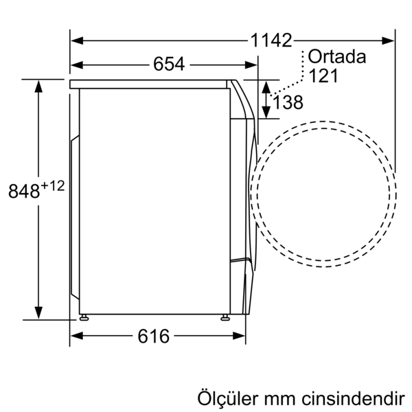 Bir çamaşır makinesinin teknik çizimi, milimetre cinsinden boyutlarla yan görünümü gösterir.
