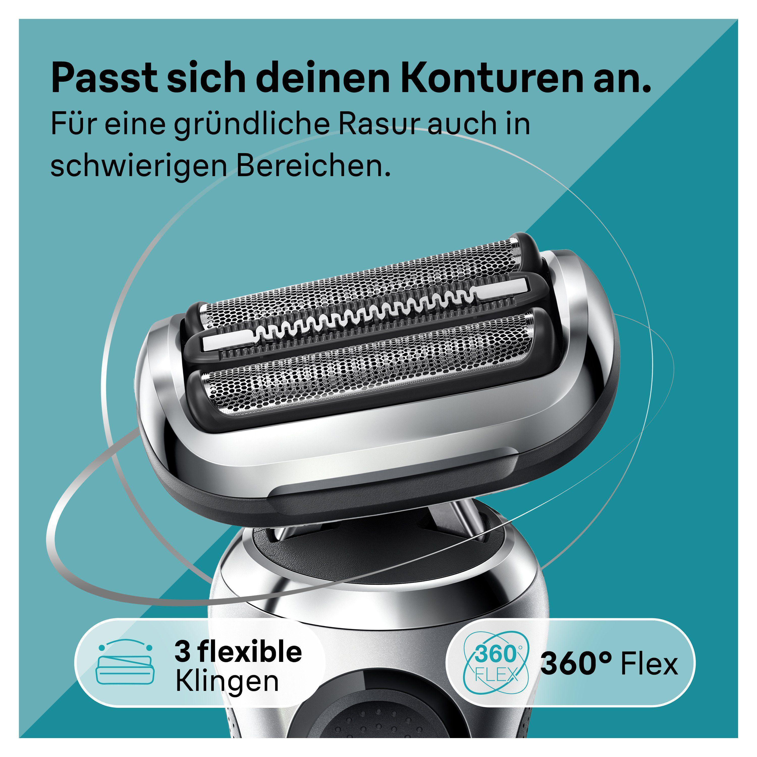 Ein silberner und schwarzer Elektrorasierer mit drei flexiblen Klingen und einem 360°-Flex-Kopf.