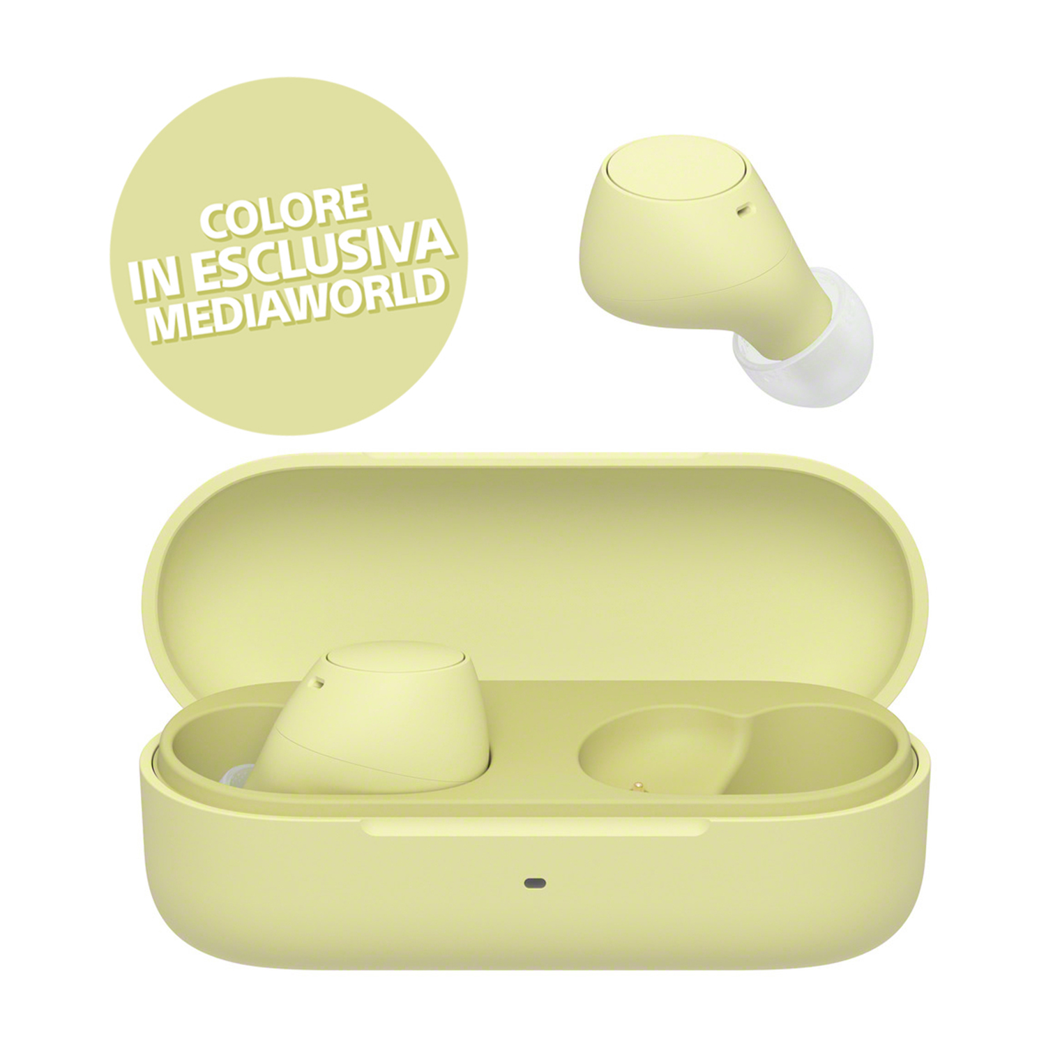 Auricolari wireless giallo chiaro con custodia, su sfondo bianco.