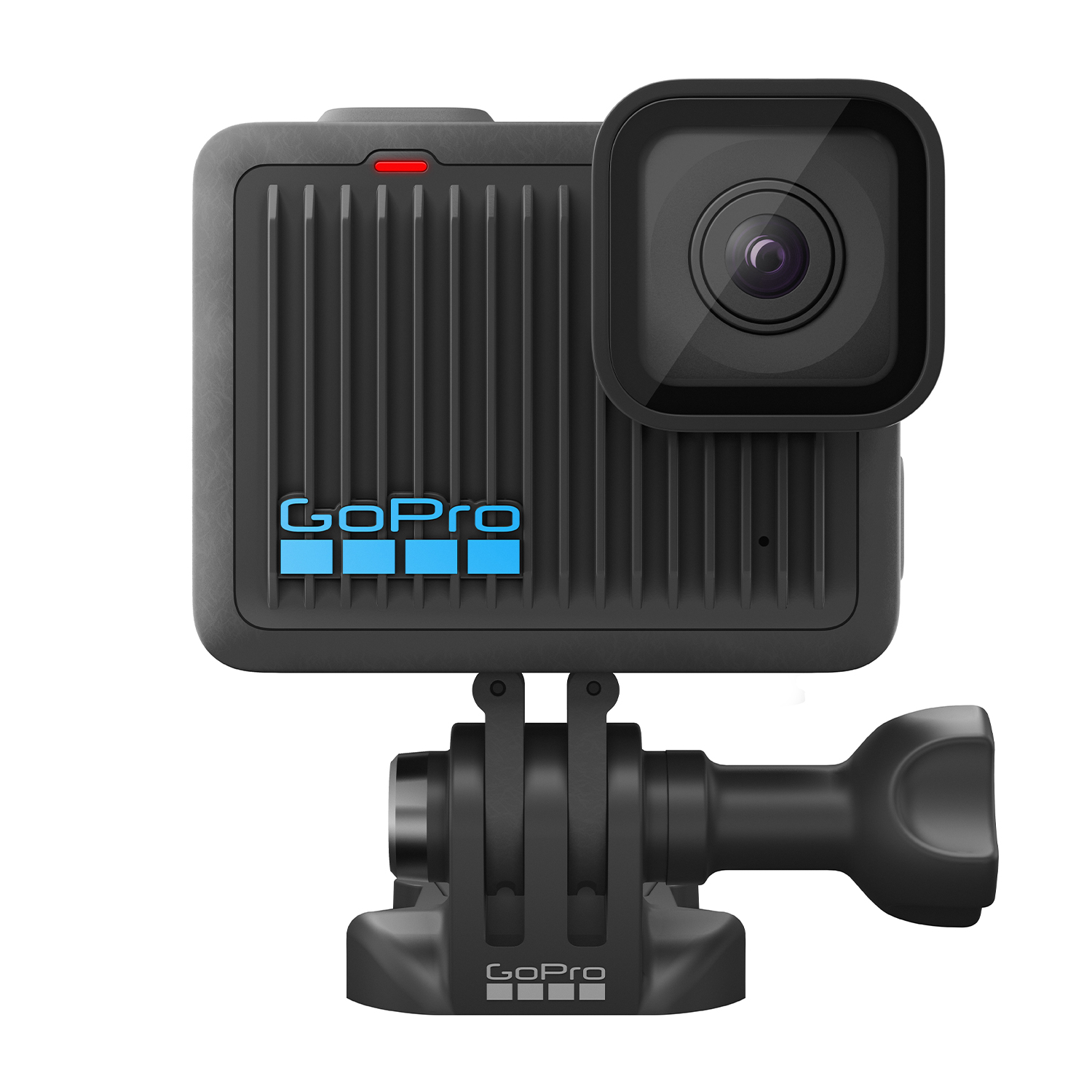 Fotocamera GoPro nera con obiettivo, pulsanti e supporto. Il logo GoPro è sul davanti.