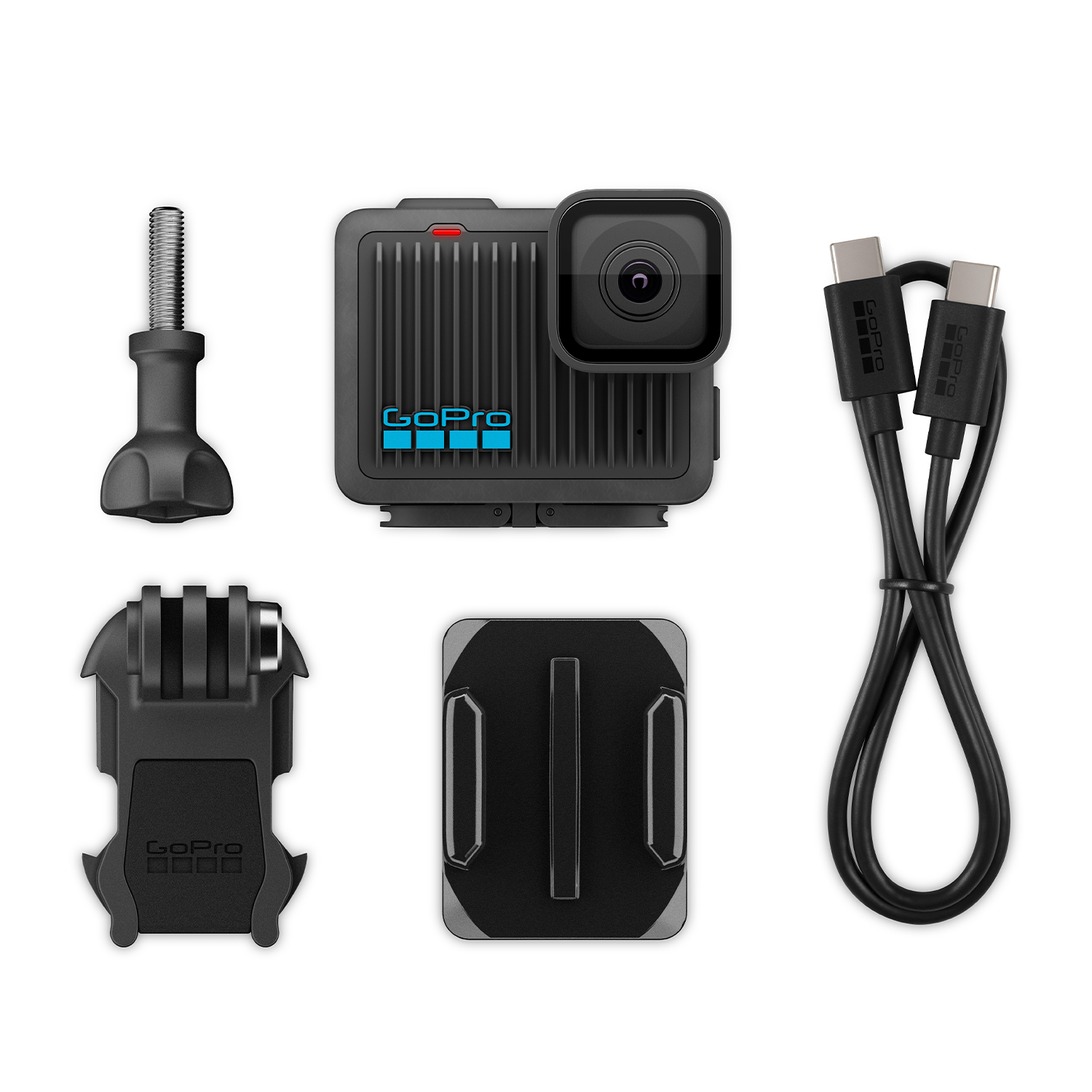 Action camera GoPro e accessori: staffe di montaggio, cavo e una vite su sfondo bianco.