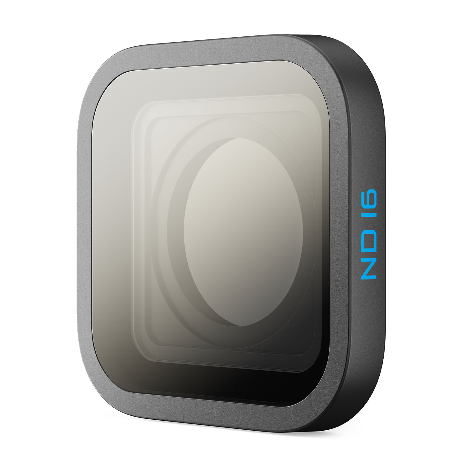 Filtro per lenti quadrato nero con testo blu "ND 16" su sfondo bianco.