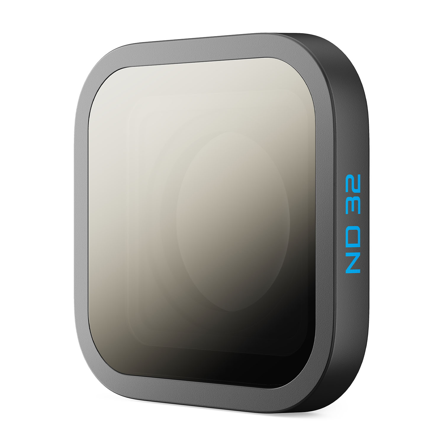 Un filtro quadrato grigio con testo blu che dice "ND 32". È un filtro per lenti.