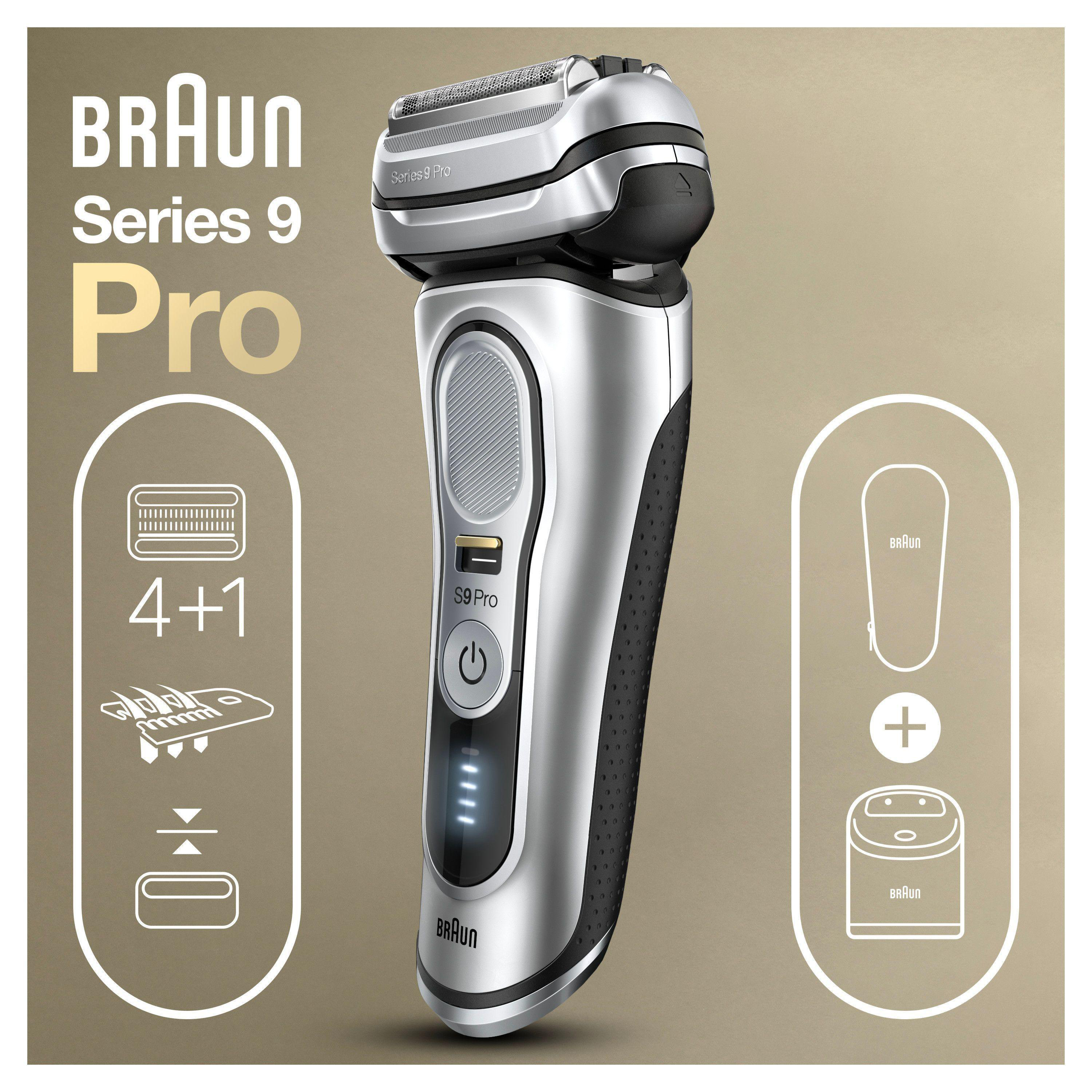 Elektrischer Rasierer Braun Series 9 Pro mit Zubehör und Reinigungsstation.
