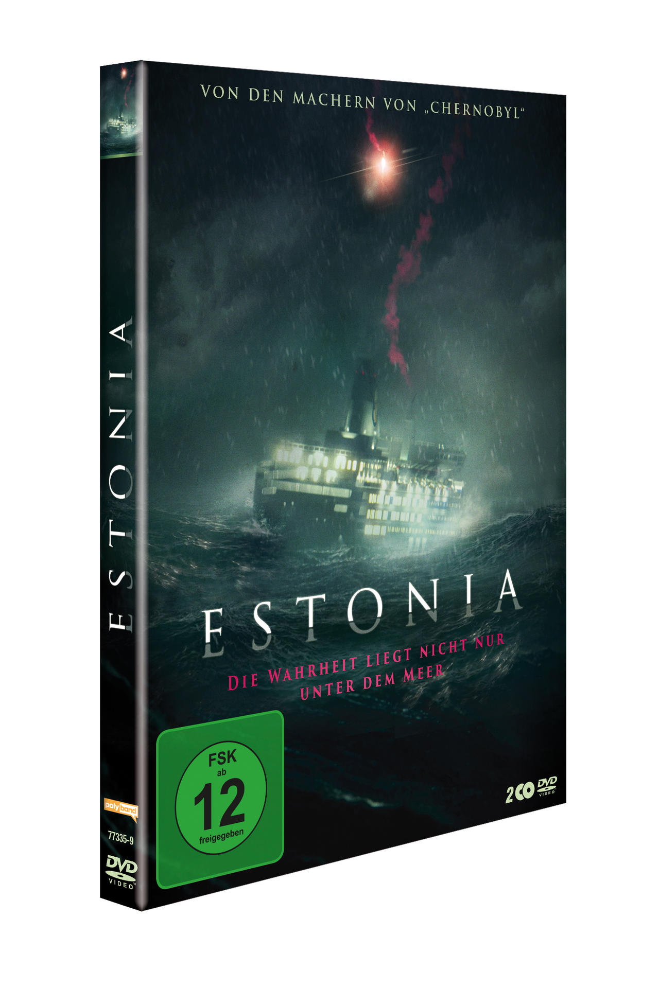DVD-Hülle für den Film "Estonia", die ein sinkendes Schiff in stürmischer See zeigt.