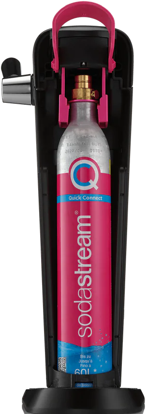 Machine SodaStream avec une bouteille de gaz à l'intérieur. La machine est noire et rose. La bouteille est rose.