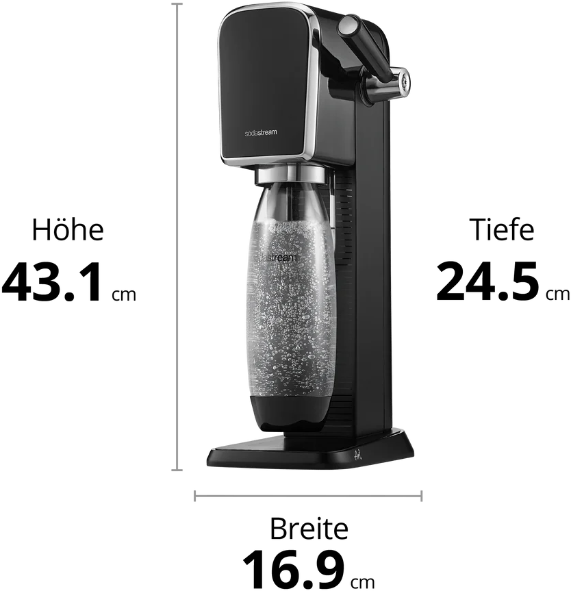 Machine à soda noire avec une bouteille transparente, montrant ses dimensions.